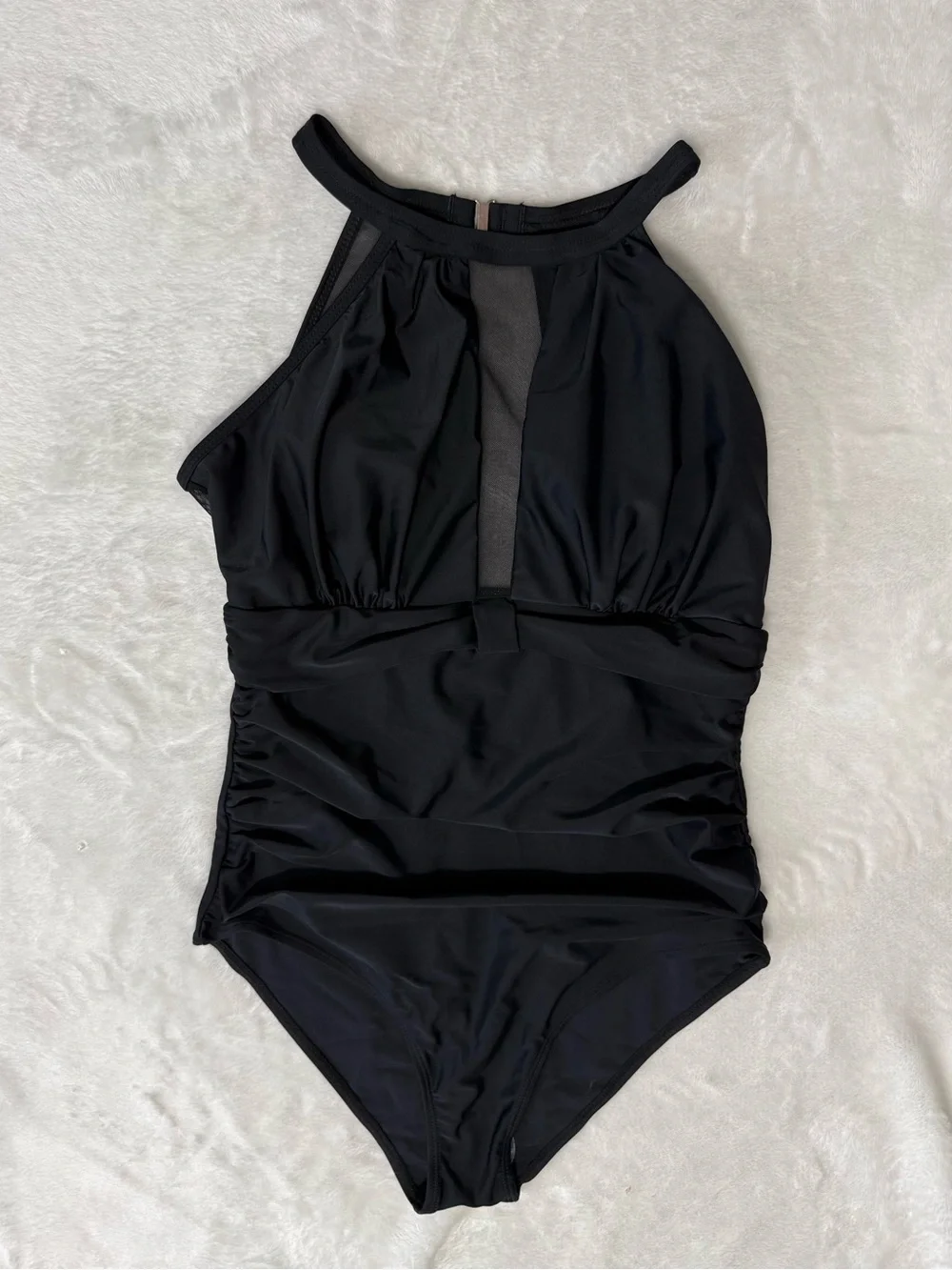 Tempt Me High Neck Plunge Mesh Ruched One Piece Swimsuit